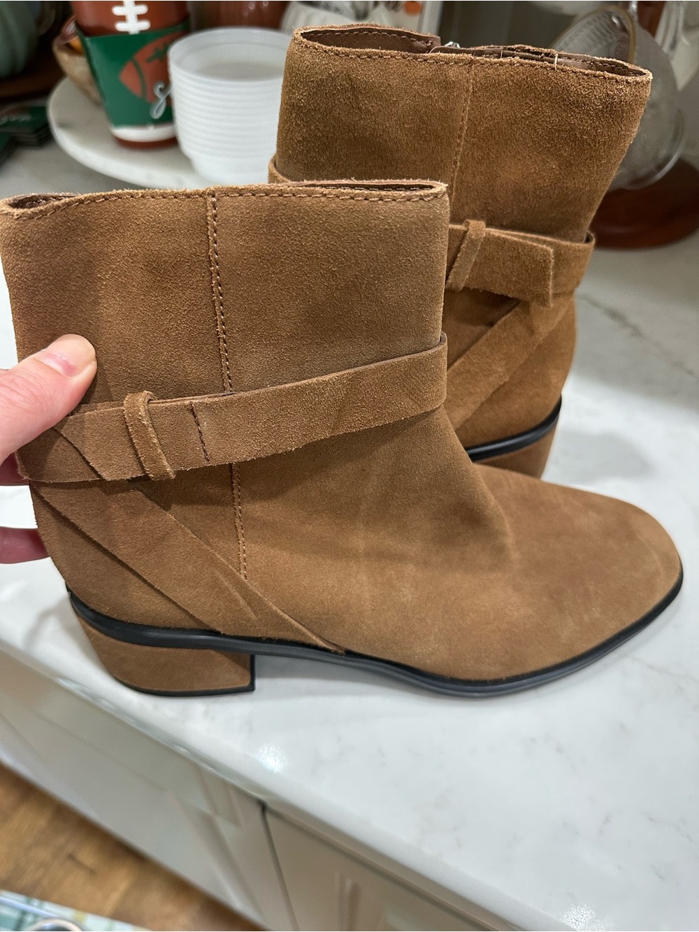 Dolce Vita Tan Suede Ankle Booties with Strap Detail